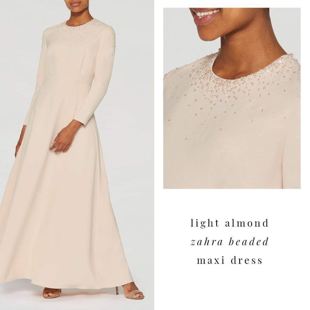 INAYAH maxi beaded gown light almond cream bridal formal modest hijab dress
